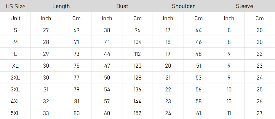 hawaiian shirt size chart